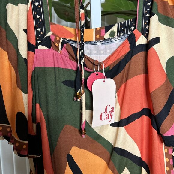 CaCay Maxi Dress Kaftan Made in Brasil Bohemian Tribal Artsy Resort Size M - Picture 8 of 11